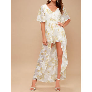 4SI3NNA Luna White and Yellow Floral Print Maxi Romper Small